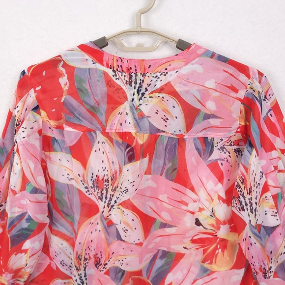 Chicos Pleated Sleeve Blouse Dreamy Lily Floral Watermelon Punch Red Pink 1.5 - Picture 10 of 15